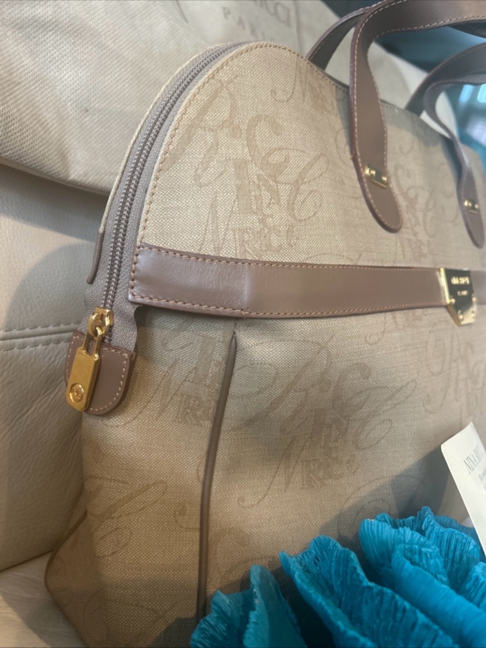 Nina Ricci Beige Canvas Coated Vintage Satchel with Brown Leather Trim/Gold - Picture 5 of 12